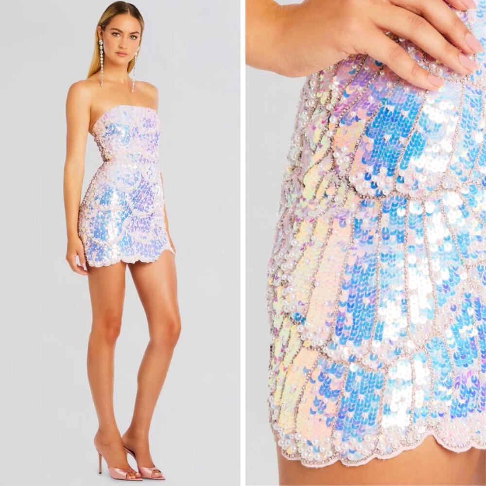Retrofete Iridescent Sequin Strapless Mini Dress - Pastel Pink & Blue